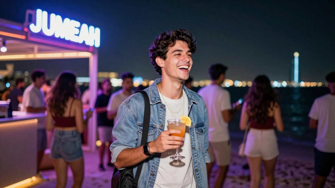 A stylish companion laughs beside a neon-lit beach club entrance in Jumeirah at night.