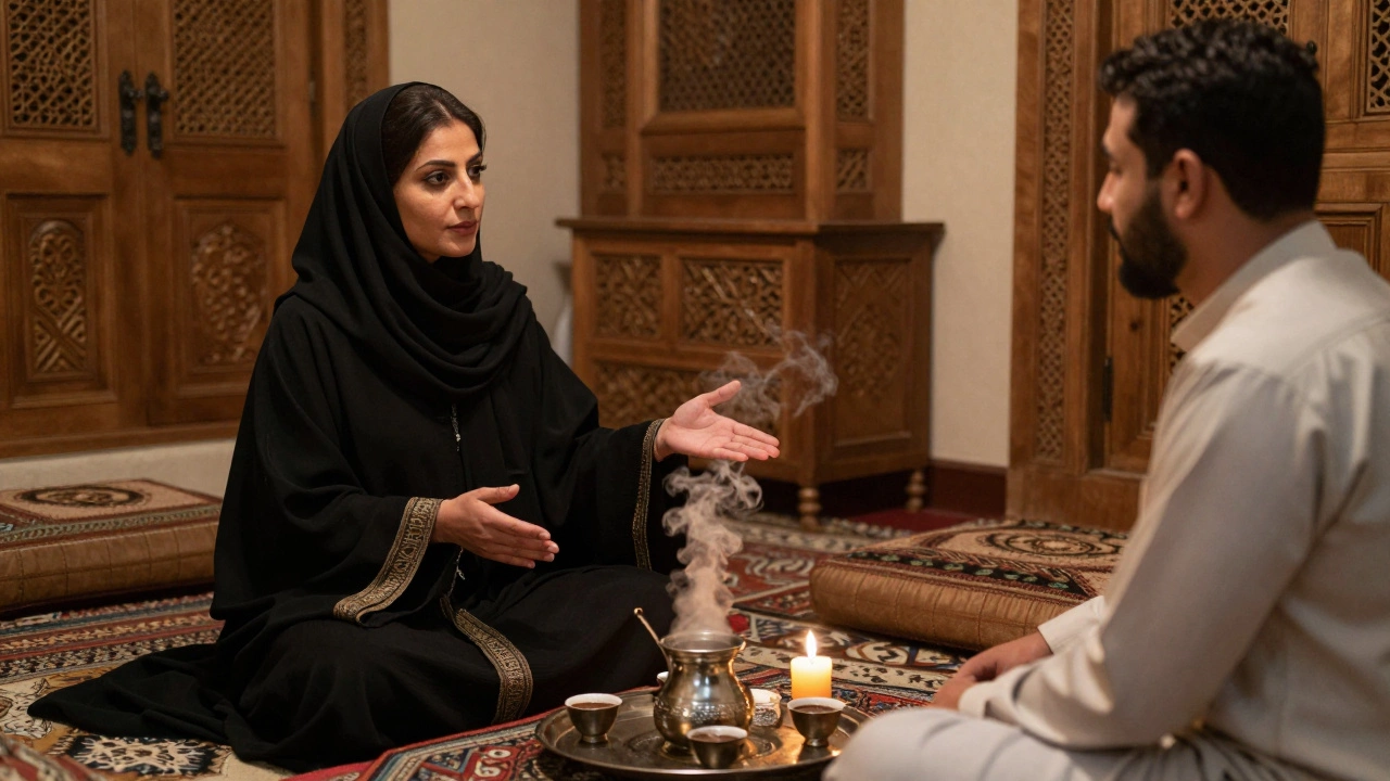 An elegant Arab woman and client share tea in a traditional majlis with ornate decor.