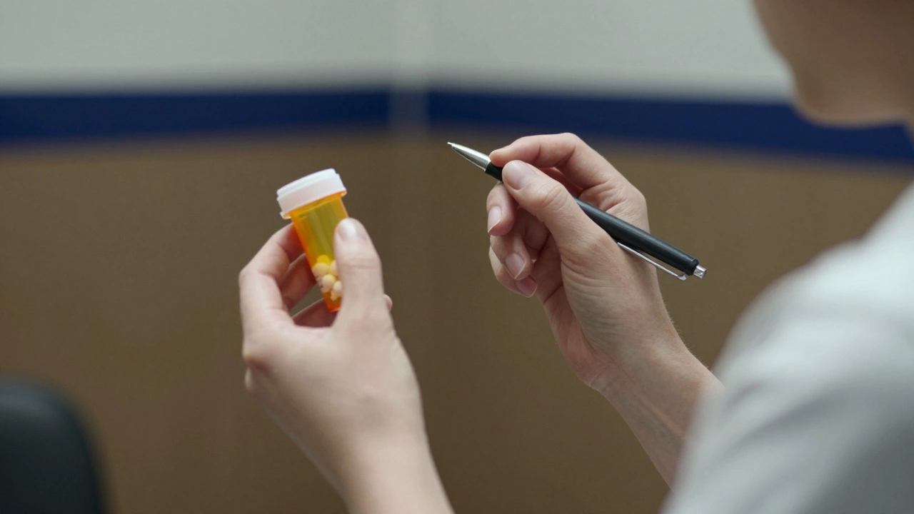 Hands holding a pill bottle and pen in a police station, face unseen, tense silence.